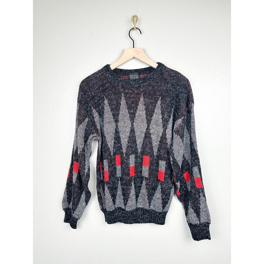 Vintage 90s Geometric Crewneck Eyelash Long Sleeve Pullover Grandpa Sweater M
